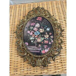 Vintage 60s Hollywood Regency Metal Frame Convex Glass Floral Picture 13x10"